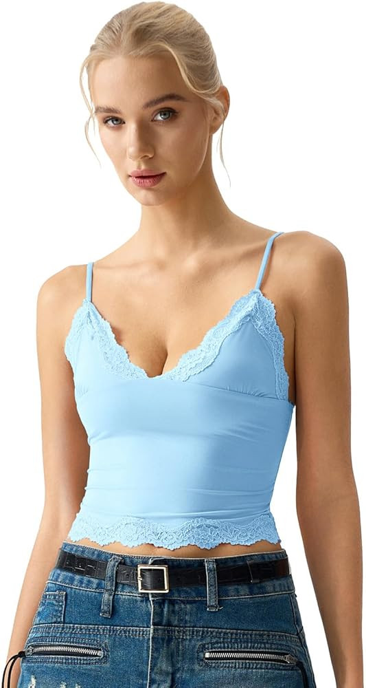 QINSEN V Neck Lace Trim Cami for Womens Spaghetti Straps Slimming Fit Sleeveless Tank Camisole Cr... | Amazon (US)