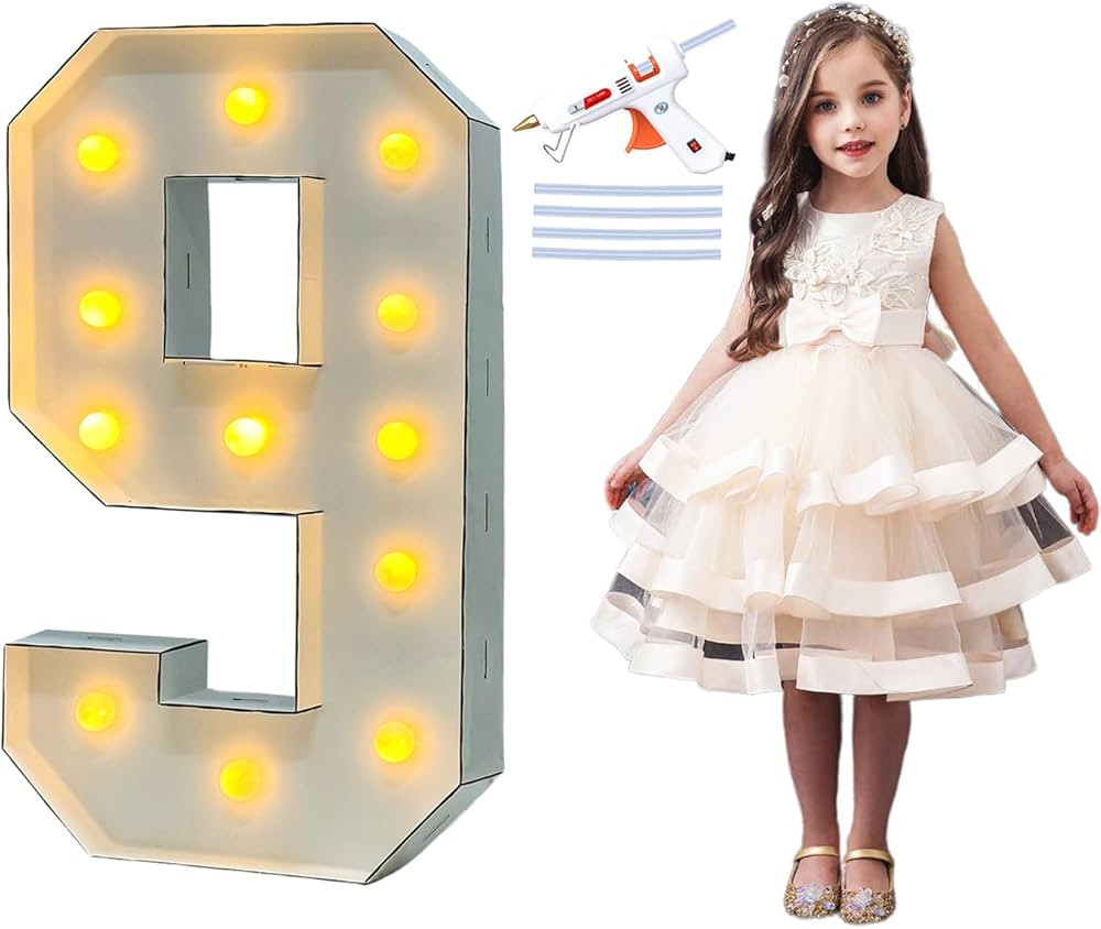 LANGXUN 40inch White Large Led Light Up Number 9 for 9th Birthday Party Decor, with Hot Glue Gun,... | Amazon (US)