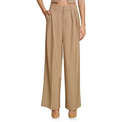 Avec Les Filles Pinstripe High Waist Wide Leg Pleat Front Pants in Camel Pinstripe at Nordstrom, Size 2 | Nordstrom