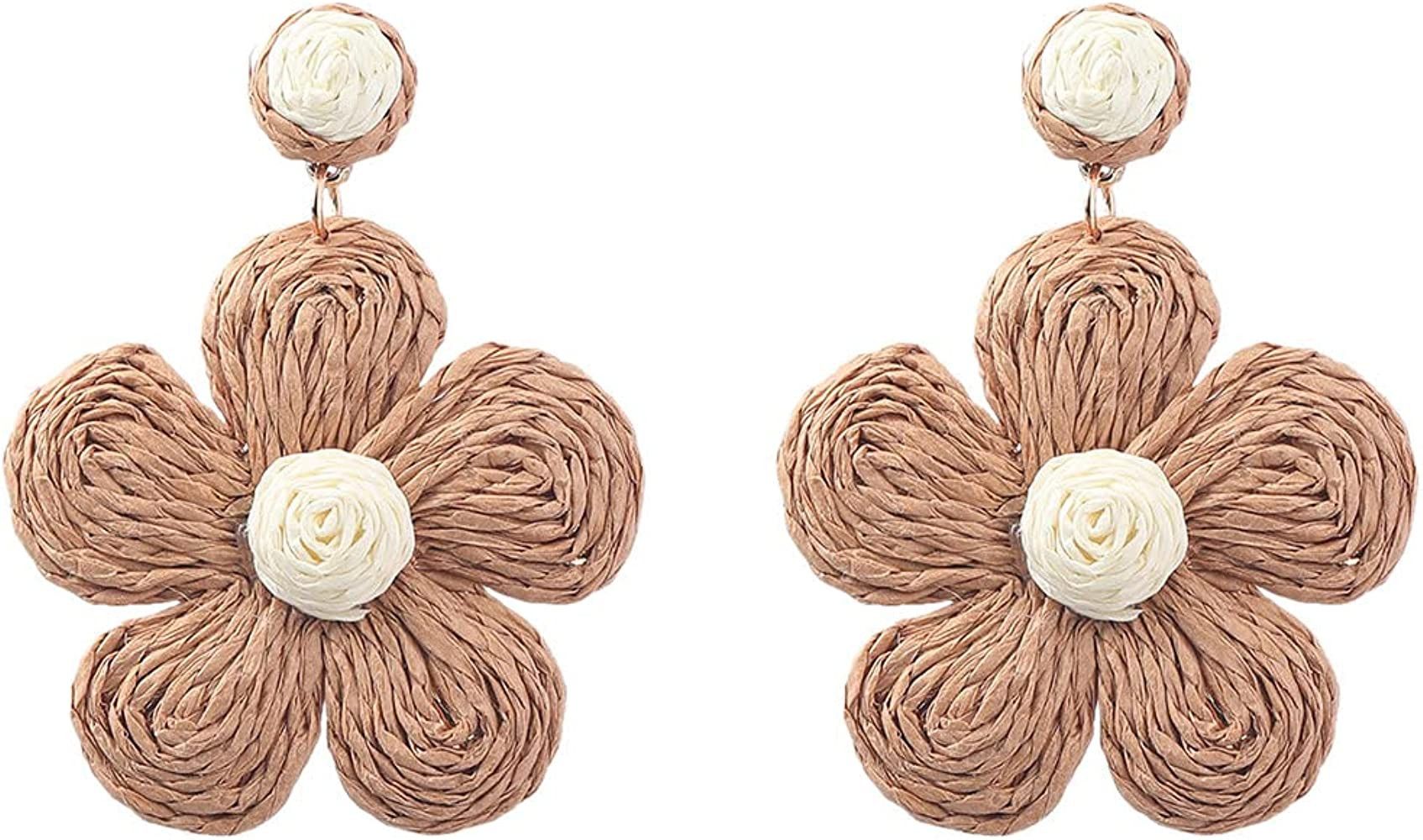 FASUND Rattan Woven Flower Dangling Earrings Handmade Raffia Straw Dangle Drop Earrings Boho Summ... | Amazon (US)