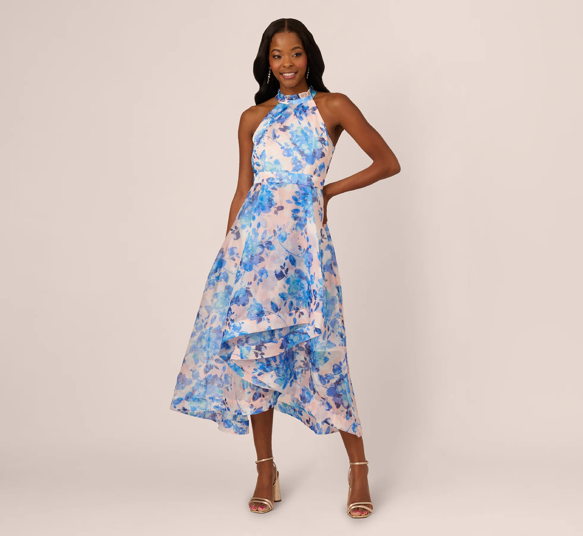 Sleeveless Floral Organza High Low Dress In Blush Blue Multi | Adrianna Papell