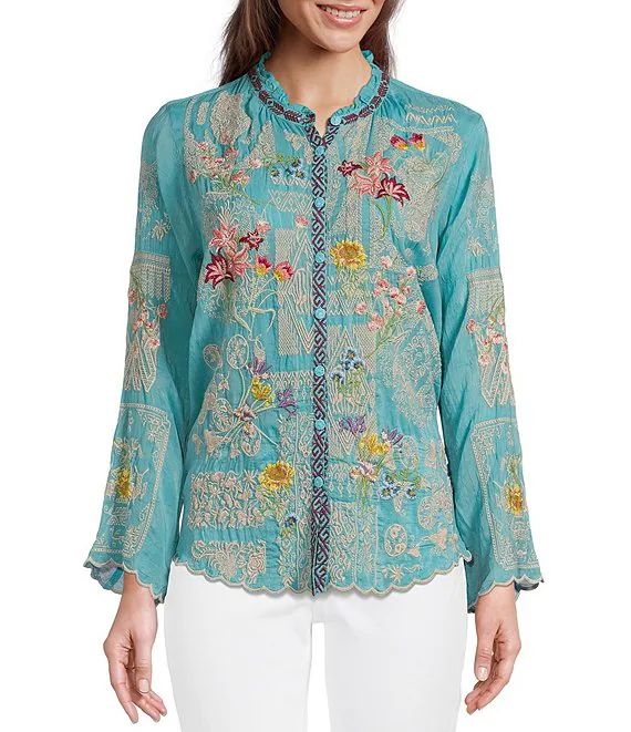 Allbee Embroidered Floral Geometric Print Ruffle Banded Collar Long Sleeve Button Front Scallop H... | Dillard's