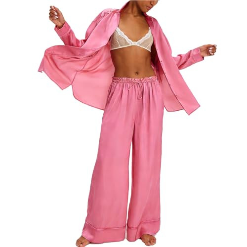 Women Satin Pajama Set Floral Silk Pajamas 2 Piece Lounge Sets Button Down Shirts Wide Leg Pants ... | Amazon (US)