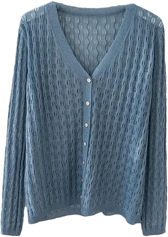 Women's Summer Shirt Solid Color V Neck Long Sleeve Tops V-Neck Hollowed Out Thin Shawl Women's C... | Amazon (US)