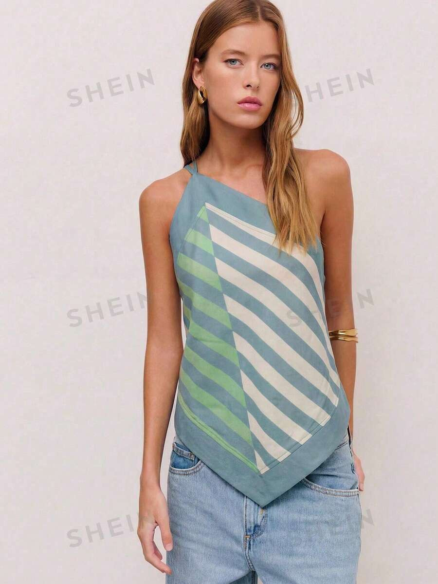 Nöista Striped Halter Top With Adjustable Silver Straps And A Back Tie With Bow Closure For A Cu... | SHEIN