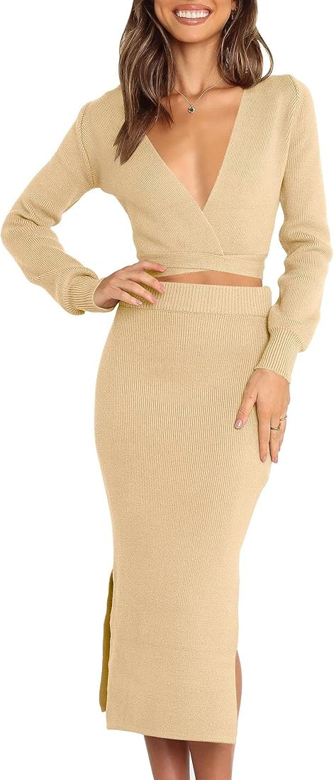 LOGENE Women's 2 Piece Outfit V Neck Open Back Ribbed Knit Sweater with Belt Split Bodycon Dress ... | Amazon (US)