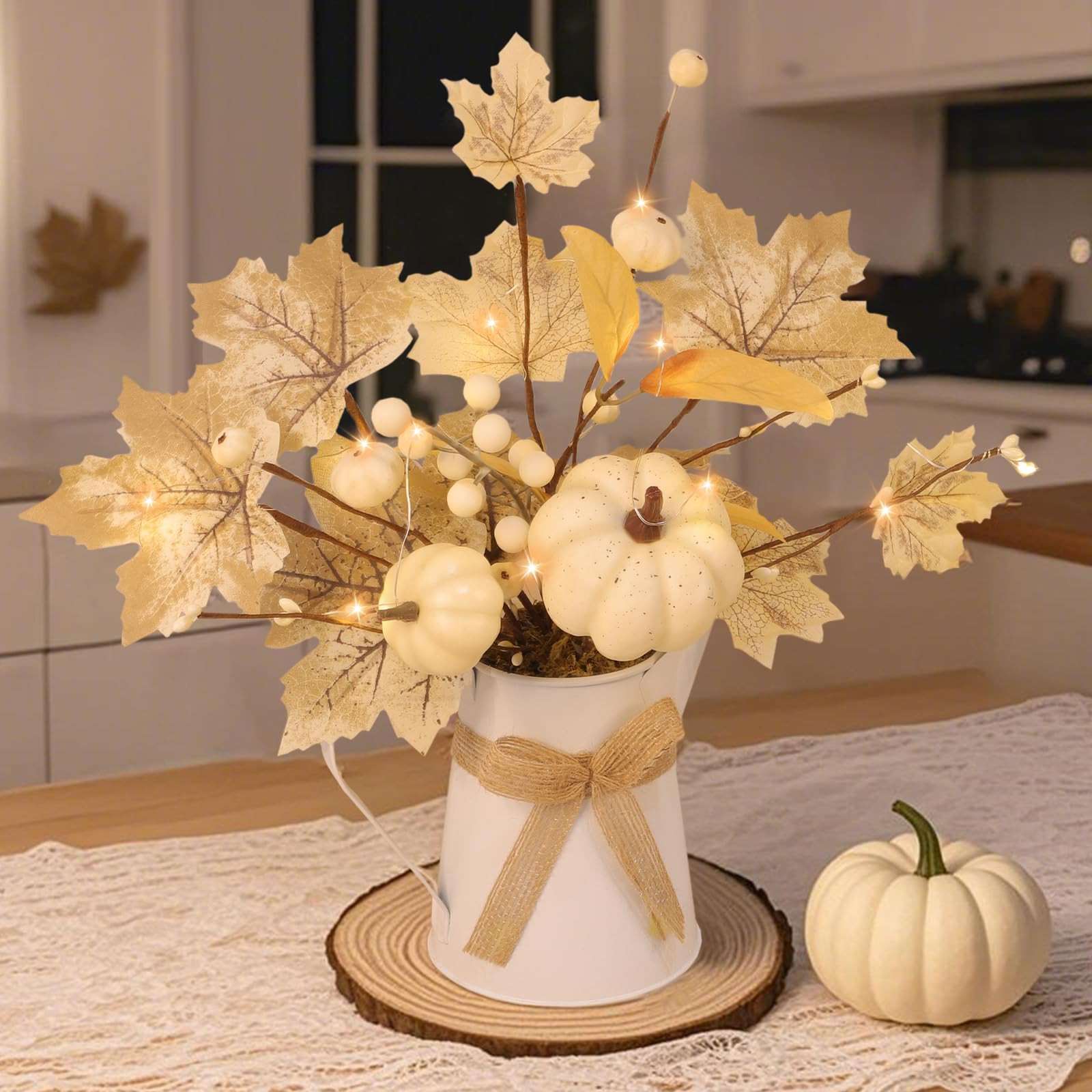 [Light & Timer] Fall Decor Table Centerpiece Potted White Maple Arrangement in Metal Pitcher Neut... | Amazon (US)