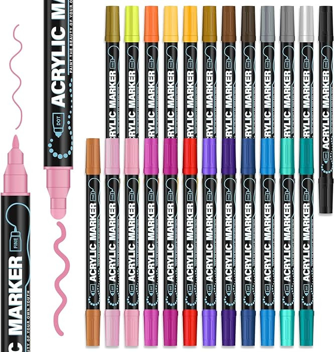 Amazon.com: REALZEVA Acrylic Paint Markers, 24 Colors Dual Tip Acrylic Paint Pens for Rock Painti... | Amazon (US)
