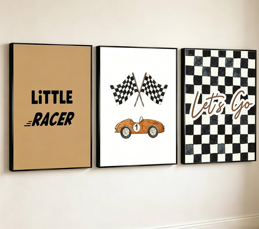DULASI Set of 3 Vintage Race Car Wall Art Prints, Little Racer & Let's Go Checkered Flag Posters,... | Amazon (US)