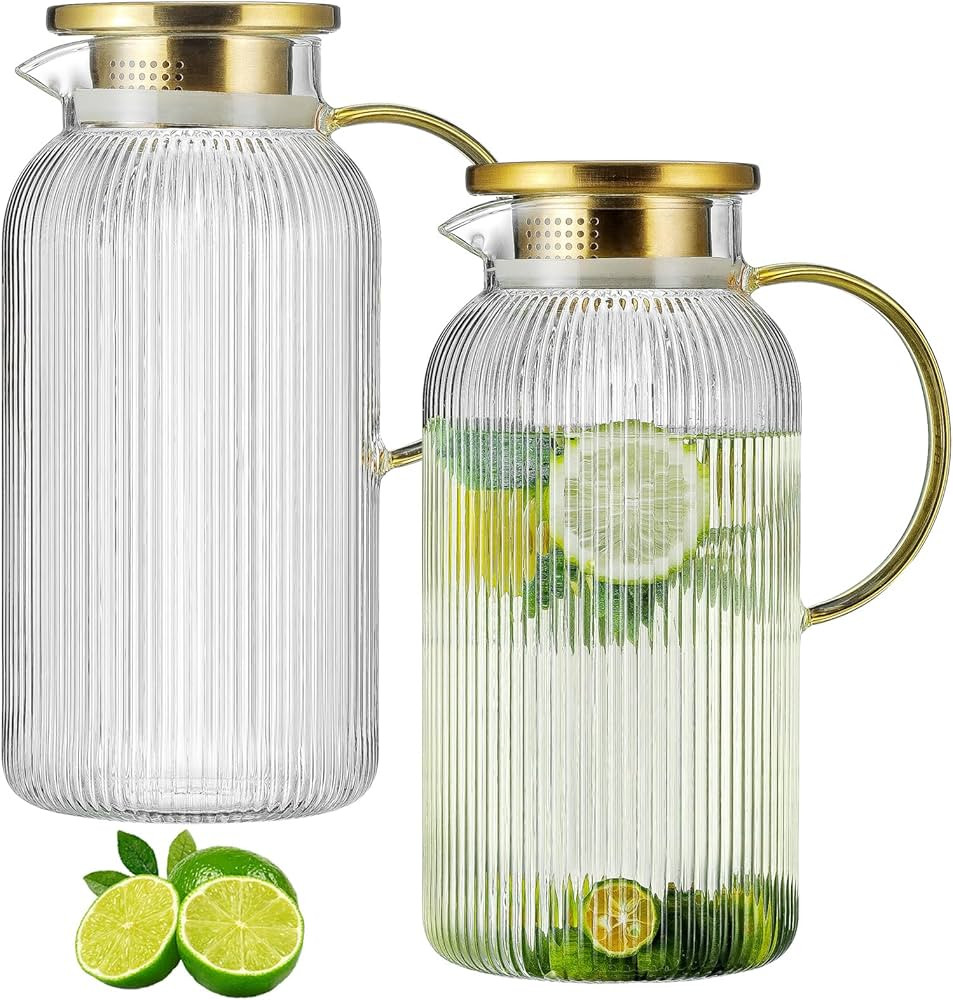 2 PACK Glass Pitcher with Lid, 68 oz/ 2 Liter Classic Vertical Stripes Water Pitcher,Glass Water ... | Amazon (US)