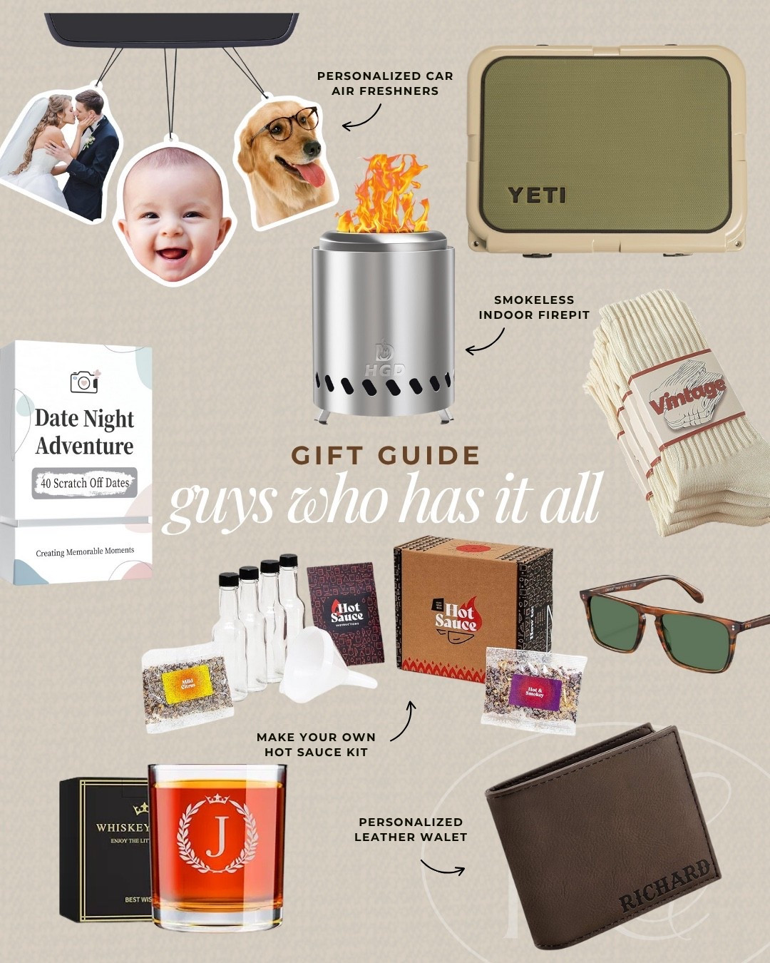 A gift guide for the guy who has it all! The personalized car fresheners, hot sauce making kit, and personalized leather wallet are original gift even for someone who has everything. Other fun gifts would be the personalized glass, date night adventure game, and inside fire pit!

#LTKHoliday #LTKGiftGuide #LTKSeasonal