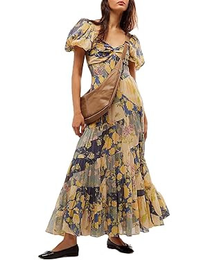 Women Spring Dresses Flowy Smocked Maxi Dress Puff Sleeve Sweetheart Y2K Floral Boho Summer Sundr... | Amazon (US)