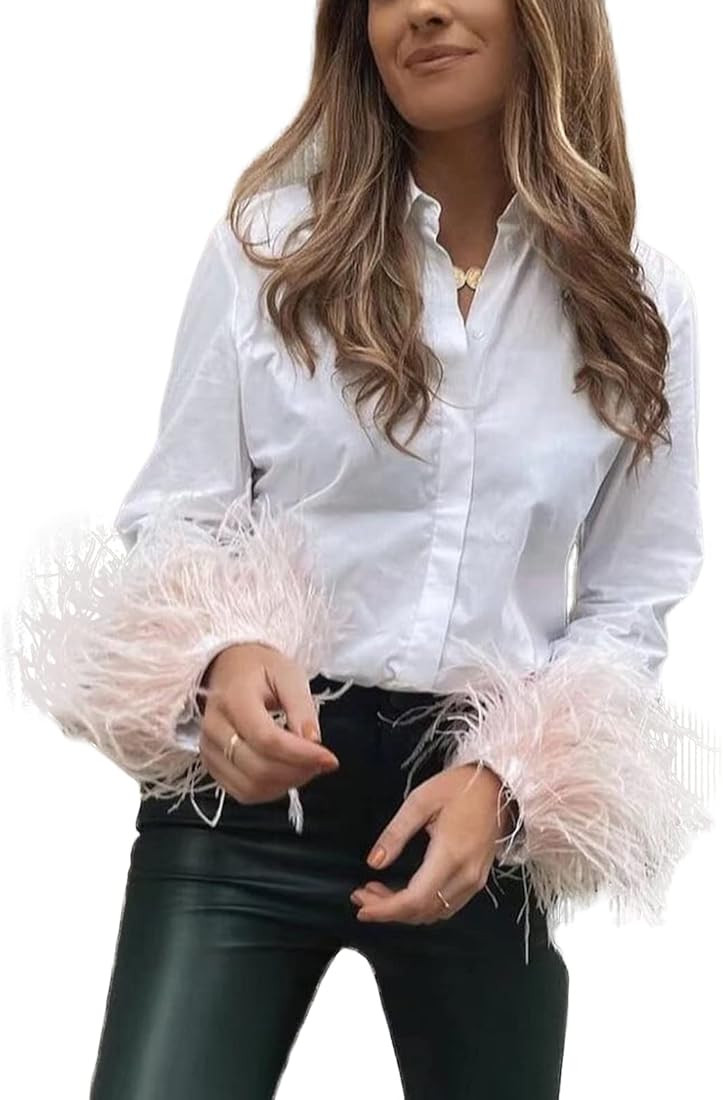 Koloyooya Women Feather Cuff Lapel Shirts, Long Sleeve V Neck Contrast Color Button Down Blouse (... | Amazon (US)