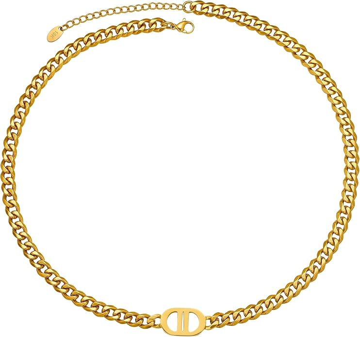 Womens 18K Real Gold Plated Initial Necklace Choker with Double D Letter, 6mm 316L Stainless Stee... | Amazon (US)