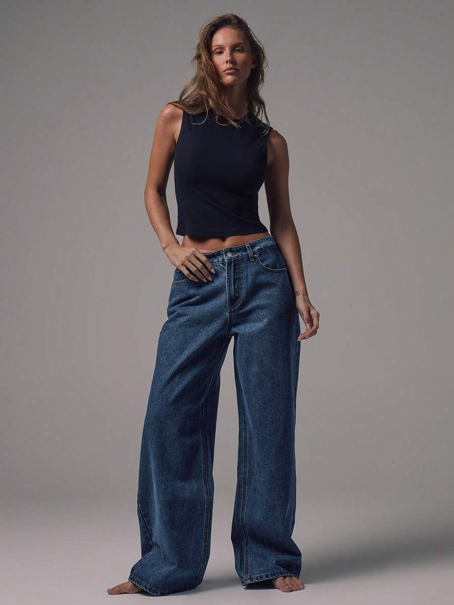 MUSERA Mid Waist Wide Leg Blue Wash Silver Button Detail Denim Jeans Rise Casual Winter Night Out... | SHEIN