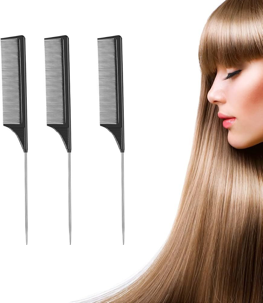 3 Pack Rat Tail Combs with Heat Resistant Carbon Fiber Fine Tooth and Stainless Steel Handle Pin ... | Amazon (US)