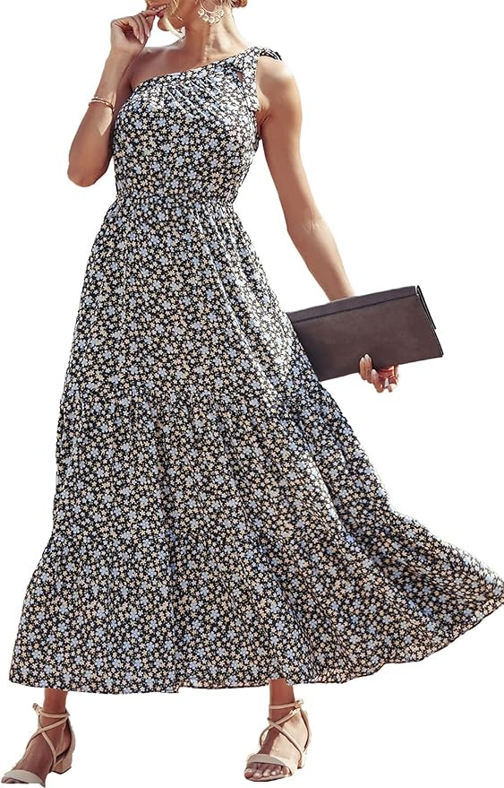 PRETTYGARDEN Women's Summer Floral Maxi Dress Knot One Shoulder Sleeveless Ruffle Flowy Boho Beac... | Amazon (US)