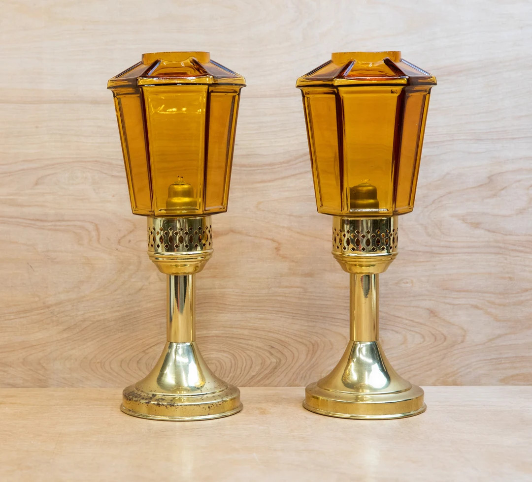 Vintage Mason Candlelight, Amber Glass Globe, Eclectic Style Decor, Brass Mantle Decor, Brass Alt... | Etsy (US)