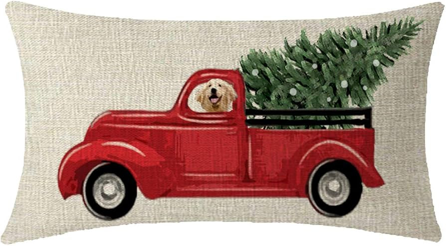 Andreannie Gift Merry Christmas Red Pickup Truck with Christmas Tree and Dog Cotton Linen Decorat... | Amazon (US)