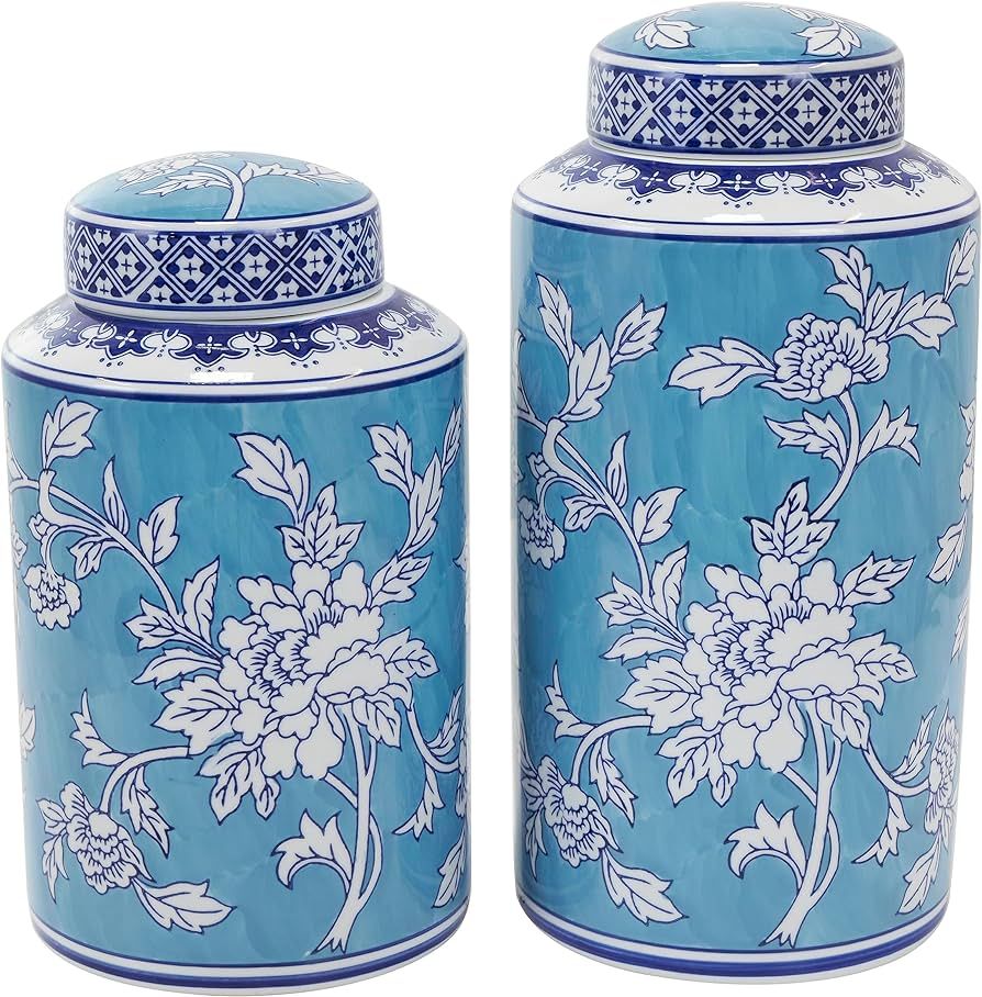 Deco 79 Ceramic Decorative Jars with White Floral Patterns, Set of 2 12", 14" H, Blue | Amazon (US)