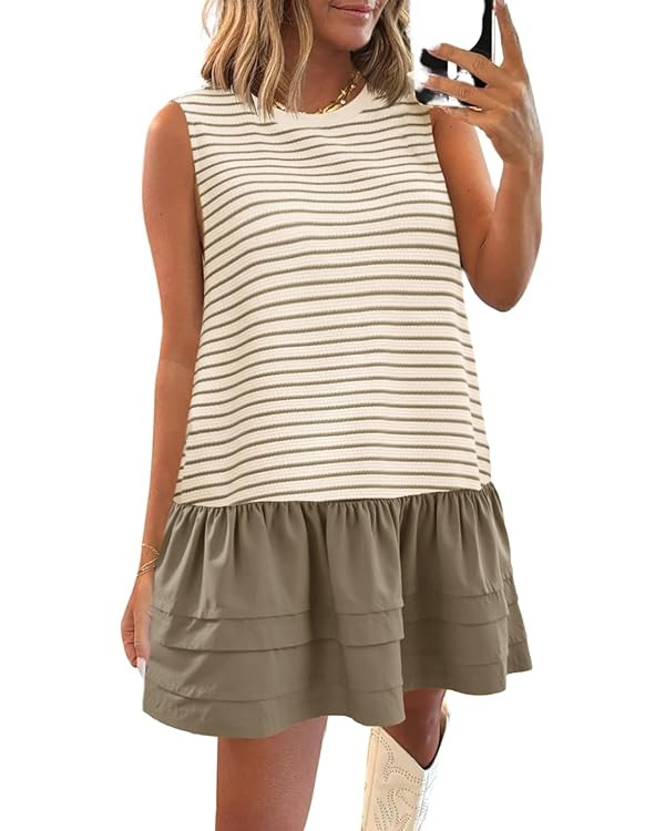 Wenrine Womens Striped Sweatshirt Dress Casual Sleeveless Crewneck Constrast Patchwork Loose Tank... | Amazon (US)
