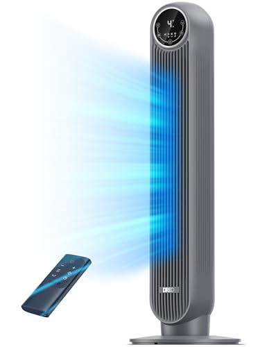 DREO Tower Fan for Bedroom, 25ft/s Velocity Quiet Floor Fan, 90° Oscillating Fans for Indoors with 4 Speeds, 4 Modes, 8H Timer, Bladeless Fan, Standing Fans, Grey, Tower Fan 307 (DR-HTF007) | Amazon (US)