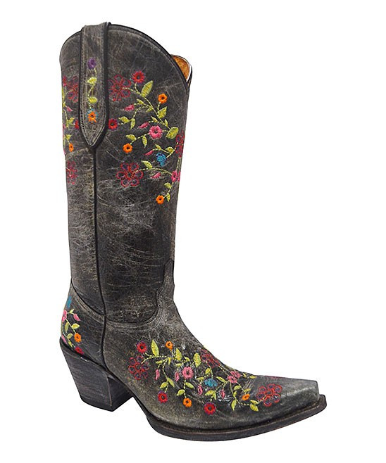 Redhawk Boot Co. Women's Western Boots BLACK - Black Floral Embroidered Leather Cowboy Boot - Women | Zulily