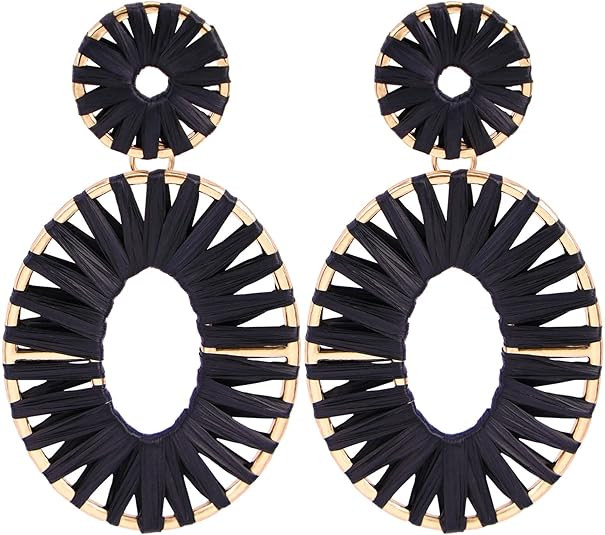 Raffia Tassel Hoop Drop Earrings Handmade Fashion Statement Jewelry for Women | Amazon (US)