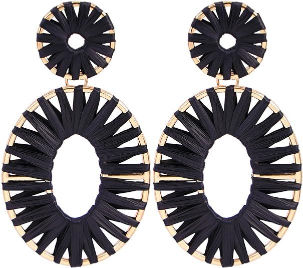 Raffia Tassel Hoop Drop Earrings Handmade Fashion Statement Jewelry for Women | Amazon (US)