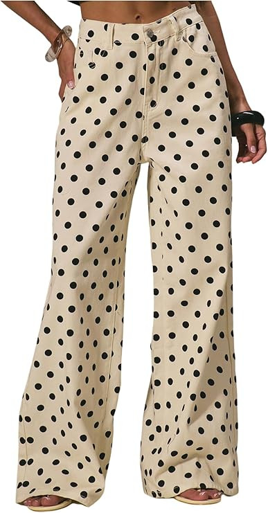 MakeMeChic Women's Polka Dots Wide Leg Jeans Mid Waist Denim Pants with Pocket | Amazon (US)