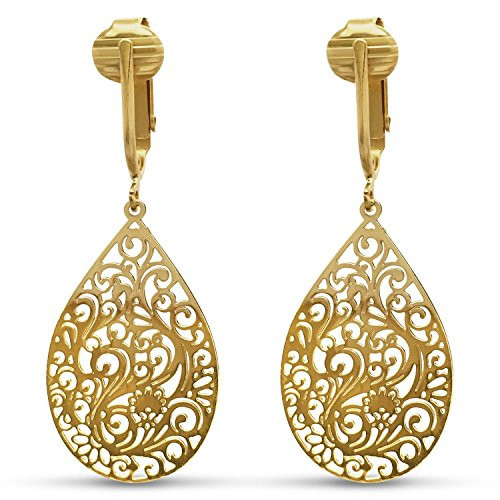 Aloha Earrings Small Victorian Filigree Teardrop Non Pierced Clip On Dangling Earrings (Gold Tone) | Amazon (US)