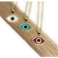 Evil Eye Necklace, Oval Eye, White Evil Aqua Red Gold Fill Mariner Chain | Etsy (US)