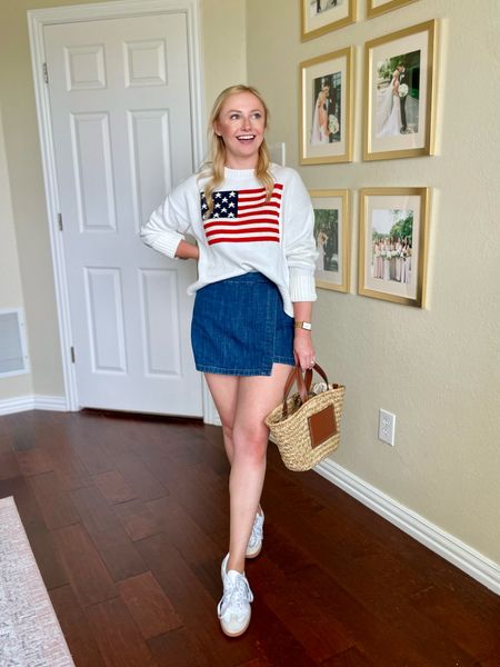 Sizes up to a S in sweater and wearing a 2 in skort | Memorial Day outfit, Fourth of July outfit, American flag sweater, denim skort

#LTKStyleTip #LTKFindsUnder100 #LTKSeasonal