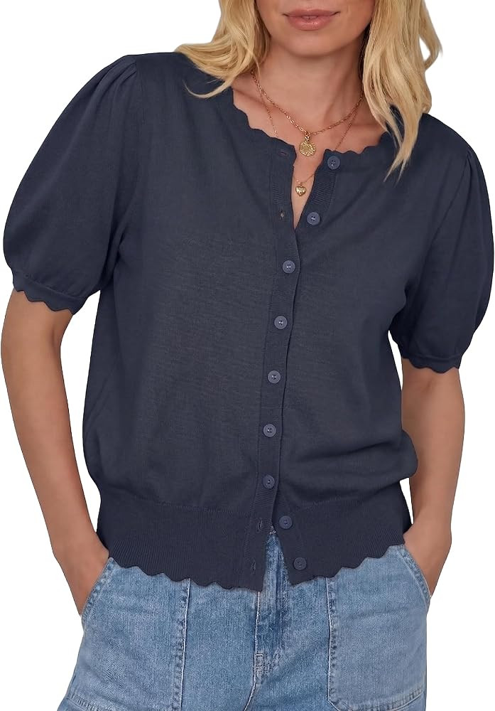 Cardigan Sweaters for Women Short Sleeve Knit Tops Scalloped Crewneck Puff Sleeves Button Up Card... | Amazon (US)