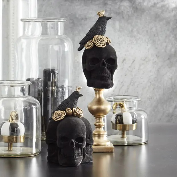 Black Velvet Skull and Crow Tabletop Decor | Antique Farm House