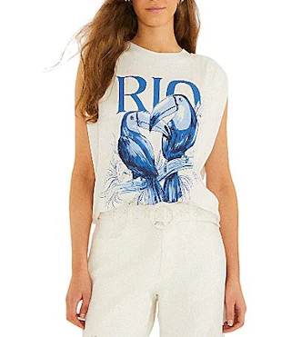 Farm Rio Toucan Rio Graphic Print Crew Neck Cap Sleeve Shoulder Pad Tank Tee -  XXS | Dillard's