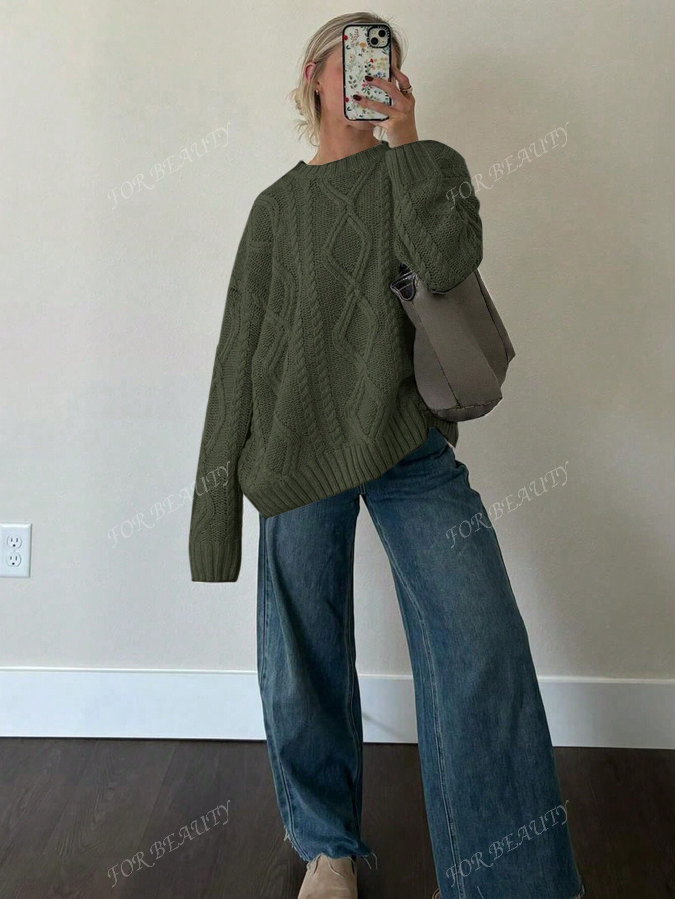 New Design Plain Round Neck Cable Knit Long Sleeve Sweater For Women, Oversized Minimalist Style,... | SHEIN