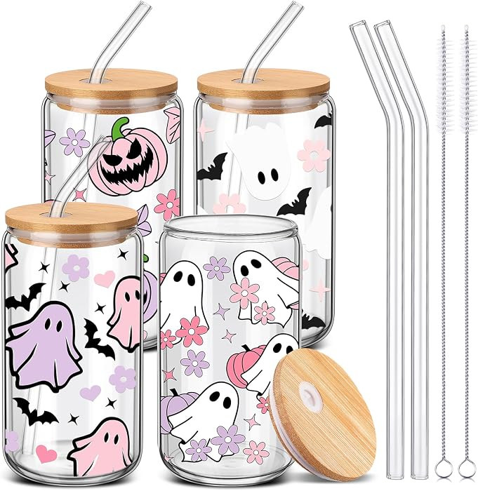 SiliFine 4 Pcs Pink Halloween Glass Cups with Lid and Straw 16 oz Drinking Glasses Halloween Iced... | Amazon (US)
