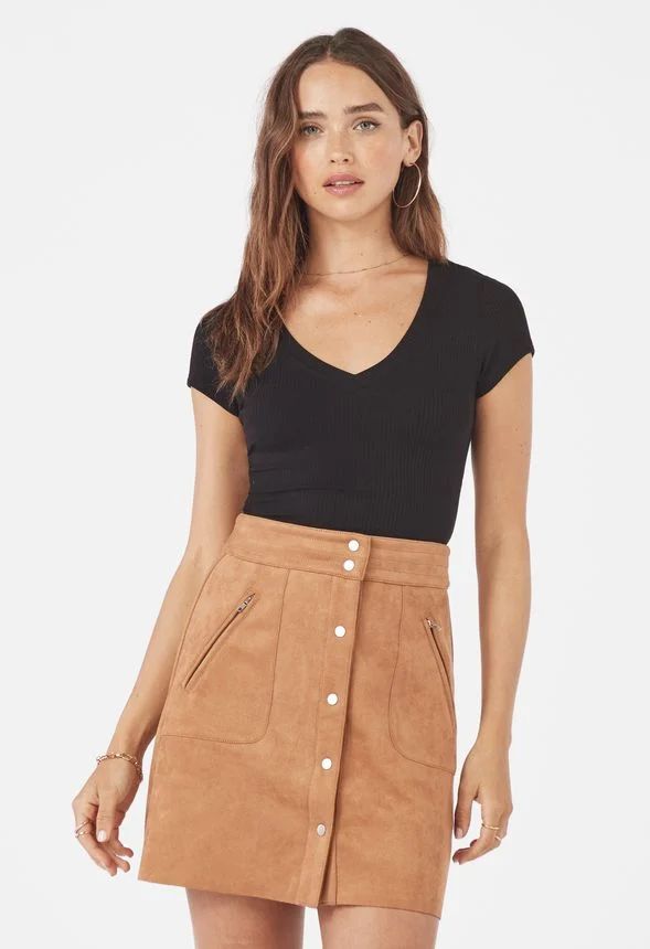 Faux Suede Button Front Skirt | JustFab