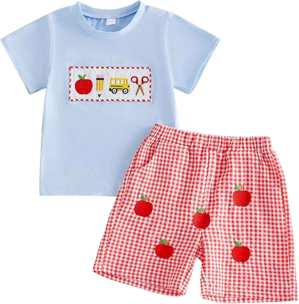 Boys Back To School Outfit Short Sleeve T-shirt and Plaid Shorts Summer Set | Amazon (US)