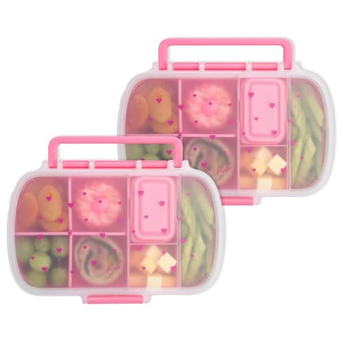 Paris Hilton 2-Pack Bento Style Snack Boxes, 7-Compartment Lunch Containers with Built-In Phone Stand, Removable Dividers and Dip Containers, Pink Heart Print | Amazon (US)