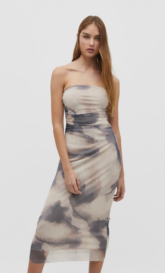 Printed tulle midi dress - Women's fashion | Stradivarius Nederland | Stradivarius (NL)