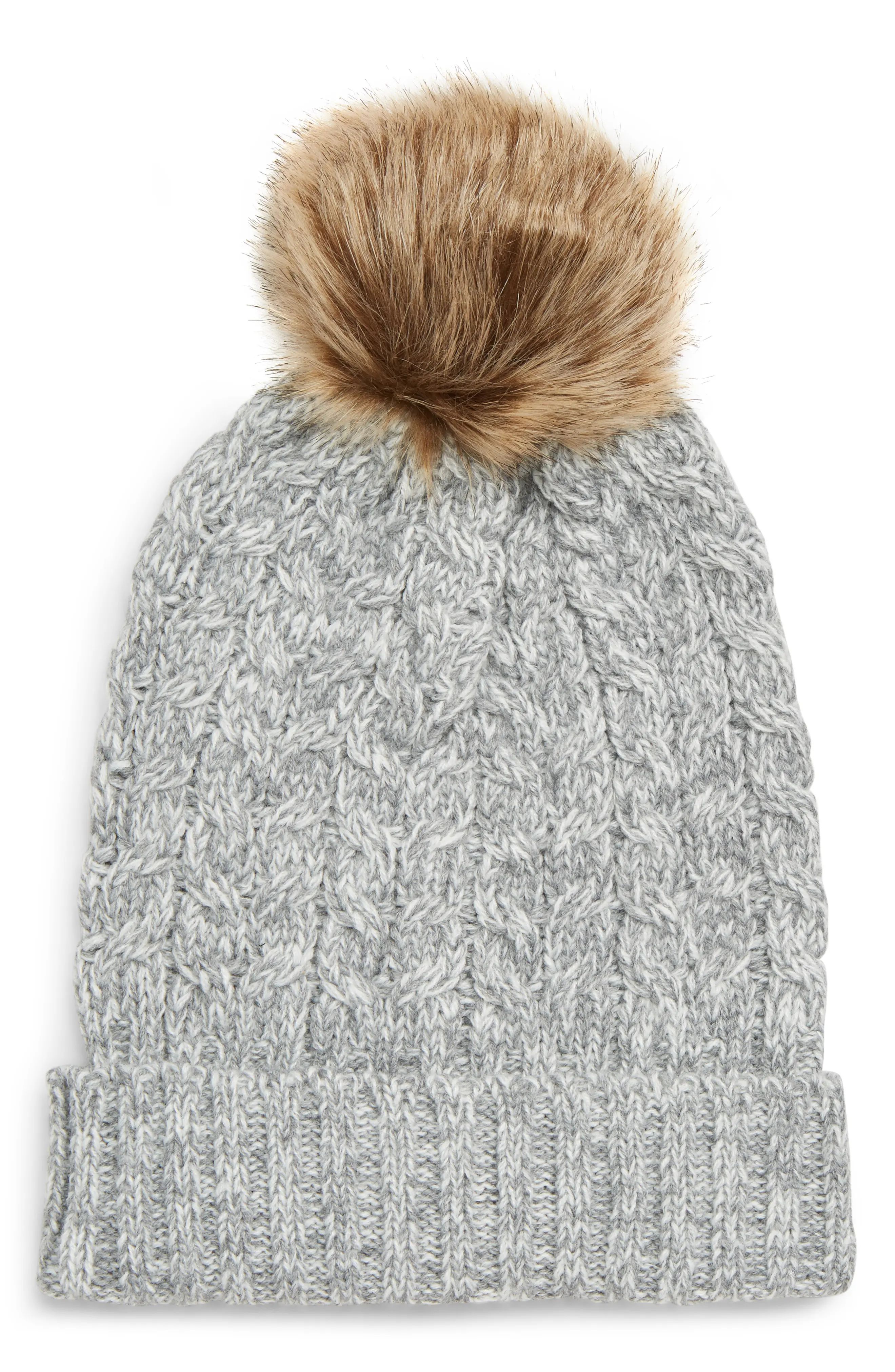 Sole Society Cable Knit Beanie with Faux Fur Pom | Nordstrom