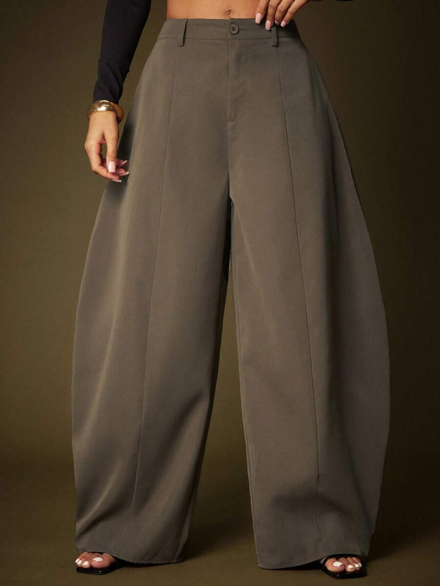 Vixey Solid Brown Suiting High Waist Barrel Leg Office Pants | SHEIN