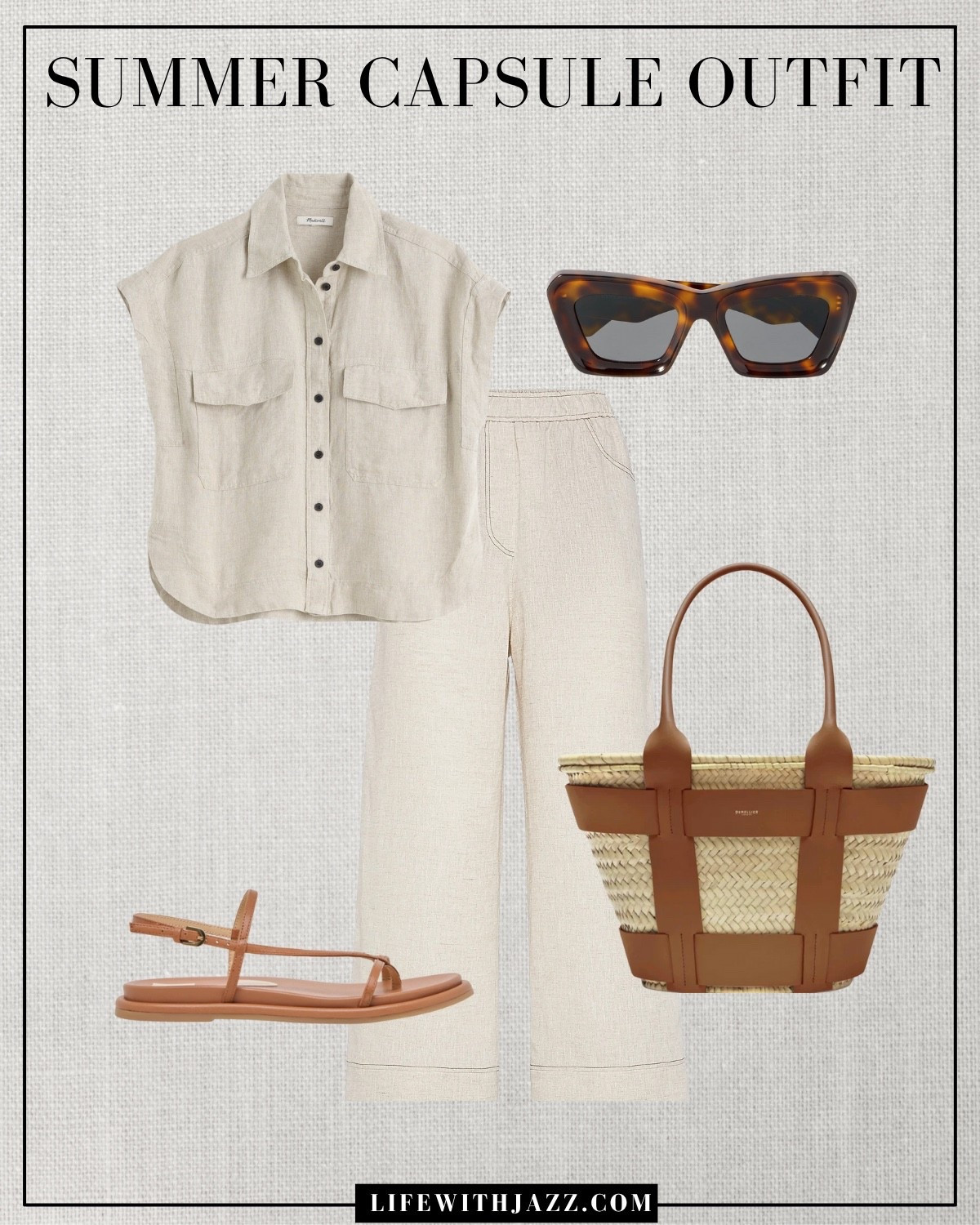 Summer capsule outfit 

Minimal style / elevated style / relaxed style / European vacation/ Loewe sunglasses / beige linen shirt / beige linen pants / strappy chunky sandals / straw tote/ banana republic / dolce vita / Demellier / src25 

#LTKStyleTip #LTKSeasonal