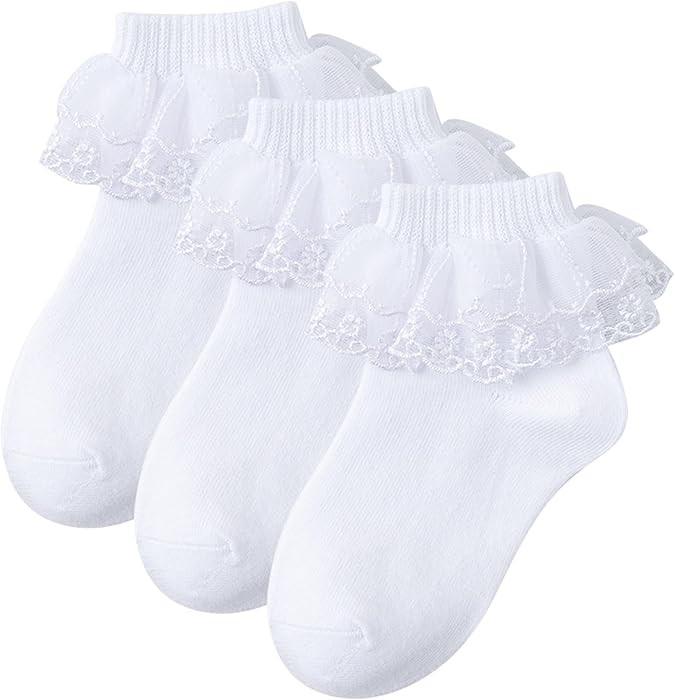 3 pares de calcetines con volantes para ni\u00f1as, lindos calcetines de encaje blancos y con vol... | Amazon (US)