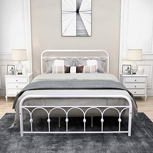 DUMEE White Queen Bed Frame with Headboard and Footboard Metal Platform Wrought Iron Bed Frames Quee | Amazon (US)
