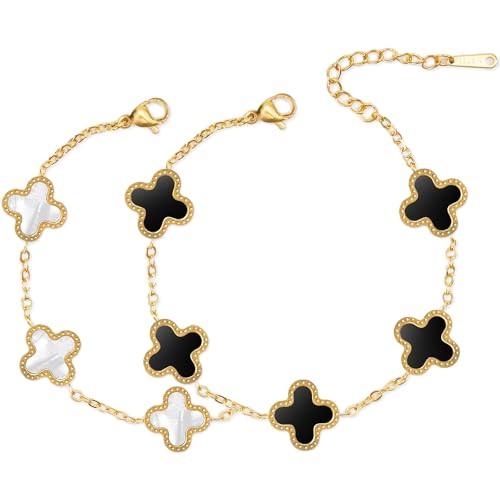 MEFELAY Unique Four Leaf Clover Bracelet for Women White Black Lucky Link Clover Bracelets Set, Trendy Bracelets Set Jewelry Gifts for Women | Amazon (US)