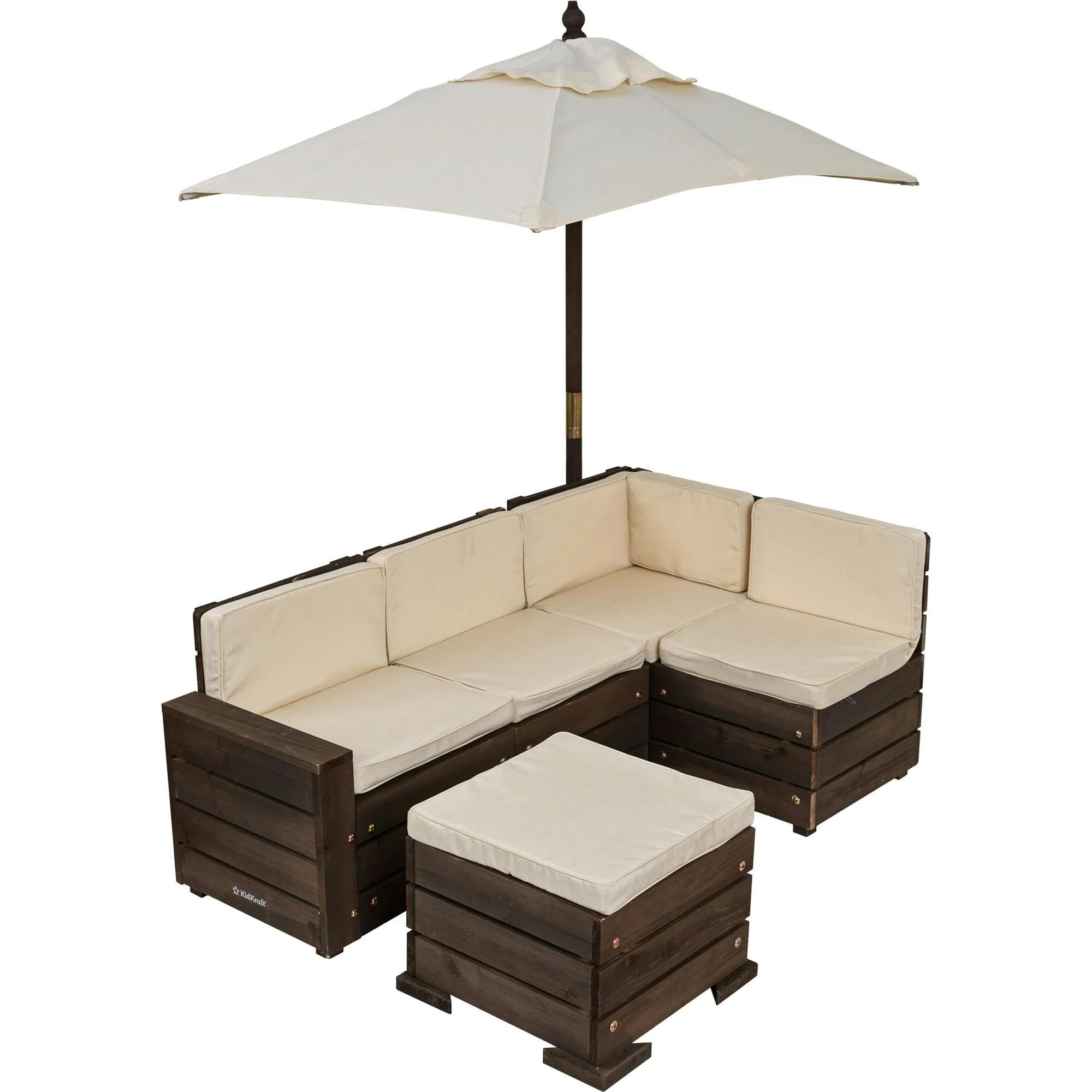 Wooden Outdoor Sectional Ottoman & Umbrella Set with Cushions | Maisonette