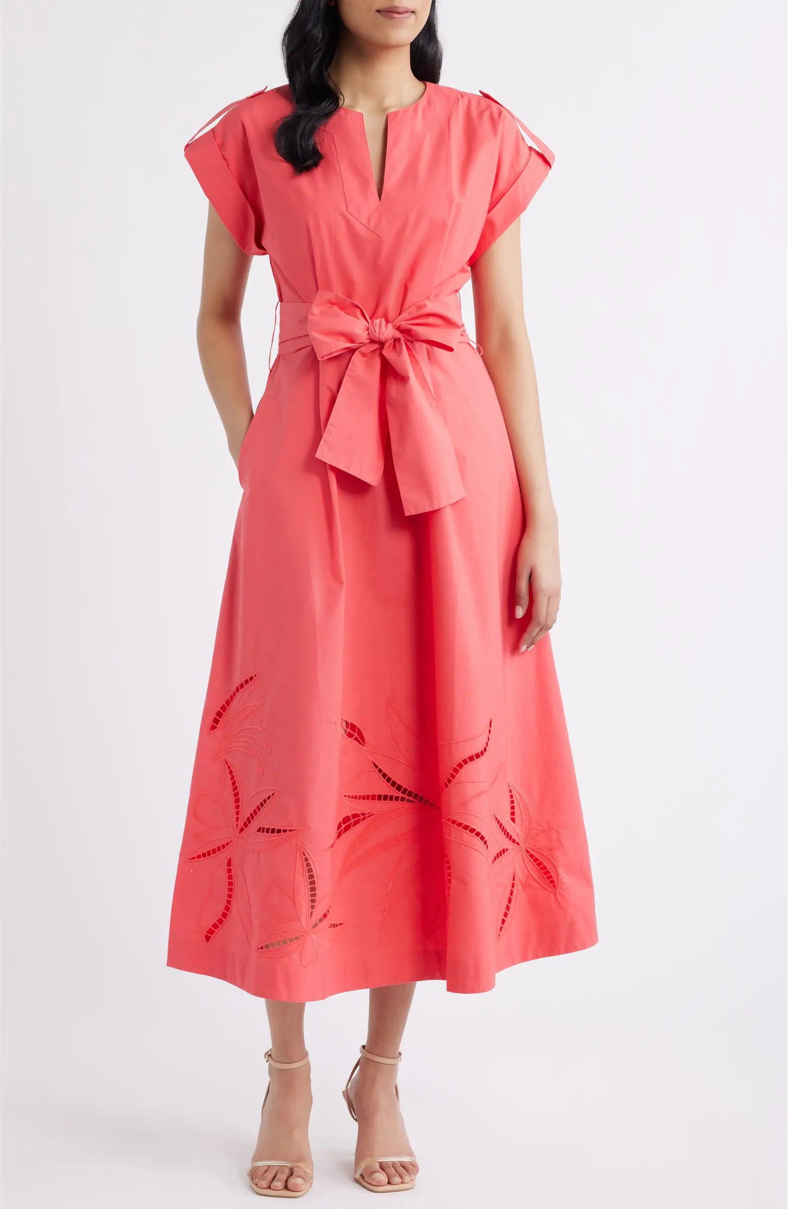 Ladder Stitch Embroidered Tie Belt Cotton Poplin Midi Dress | Nordstrom